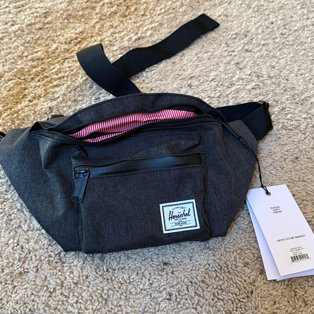 Herschel Black Waist Bag with red/white Lining